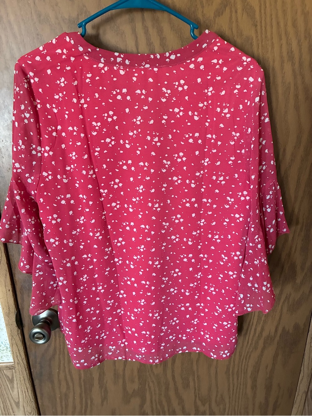 Timeson Raspberry Split-Neck Flutter Sleeve Blouse - Picture 2 of 5